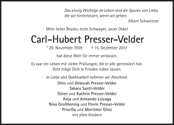 Traueranzeige von Carl-Hubert Presser-Velder von Süddeutsche Zeitung