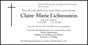 Traueranzeige von Claire-Marie Lichtenstein von Süddeutsche Zeitung