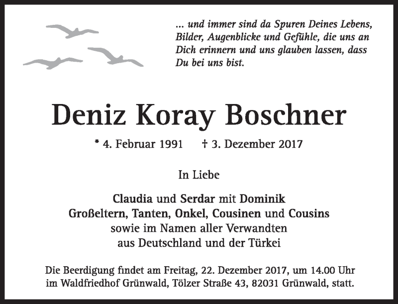  Traueranzeige für Deniz Koray Boschner  vom 20.12.2017 aus Süddeutsche Zeitung