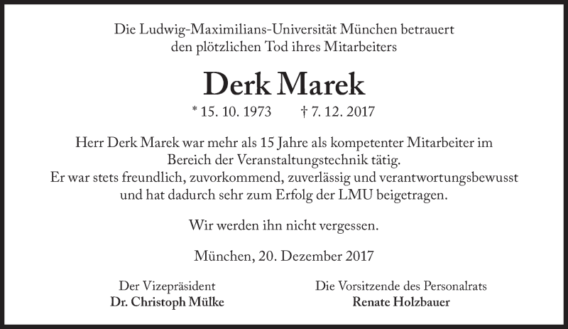  Traueranzeige für Derk Marek vom 21.12.2017 aus Süddeutsche Zeitung