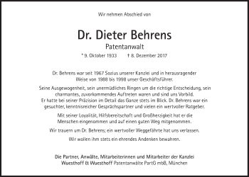 Traueranzeige von Dieter Behrens von Süddeutsche Zeitung