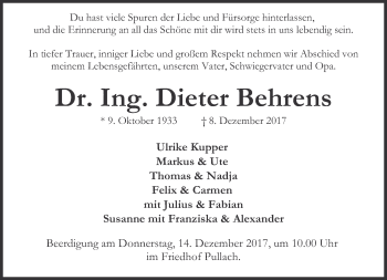 Traueranzeige von Dieter Behrens von Süddeutsche Zeitung