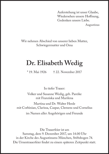 Traueranzeige von Elisabeth Wedig von Süddeutsche Zeitung