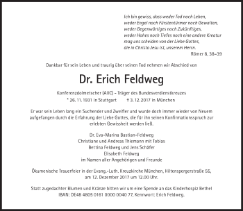 Traueranzeige von Erich Feldweg von Süddeutsche Zeitung