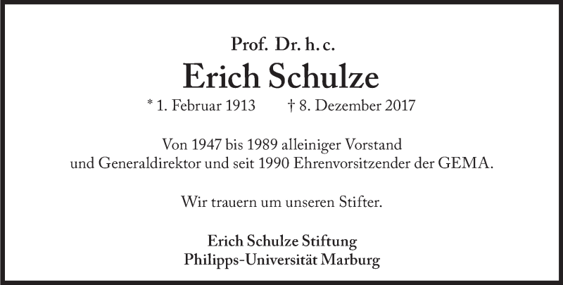  Traueranzeige für Erich Schulze vom 20.12.2017 aus Süddeutsche Zeitung