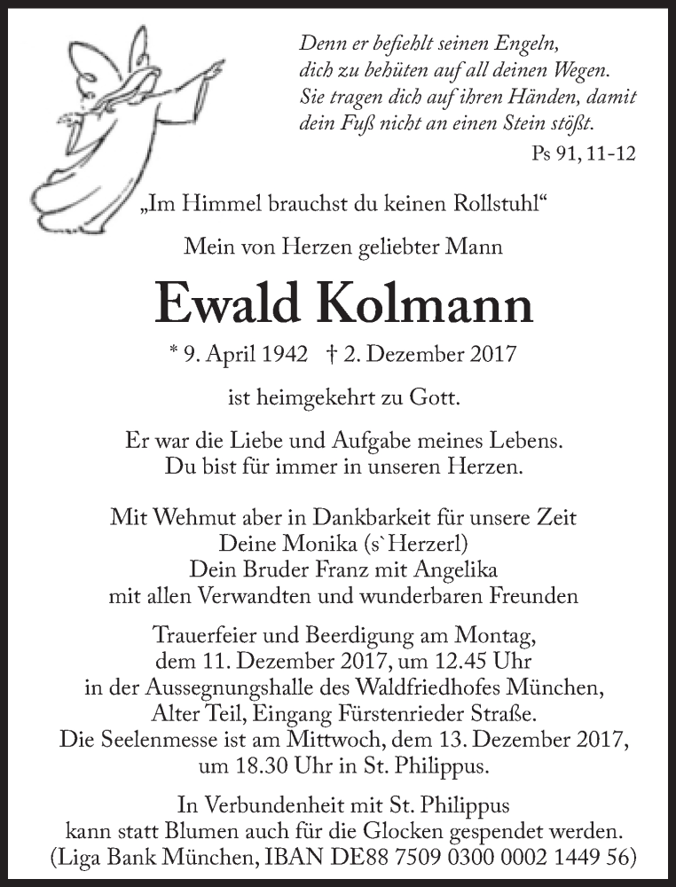  Traueranzeige für Ewald Kolmann vom 09.12.2017 aus Süddeutsche Zeitung