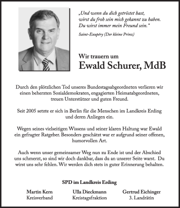 Traueranzeige von Ewald Schurer von Süddeutsche Zeitung