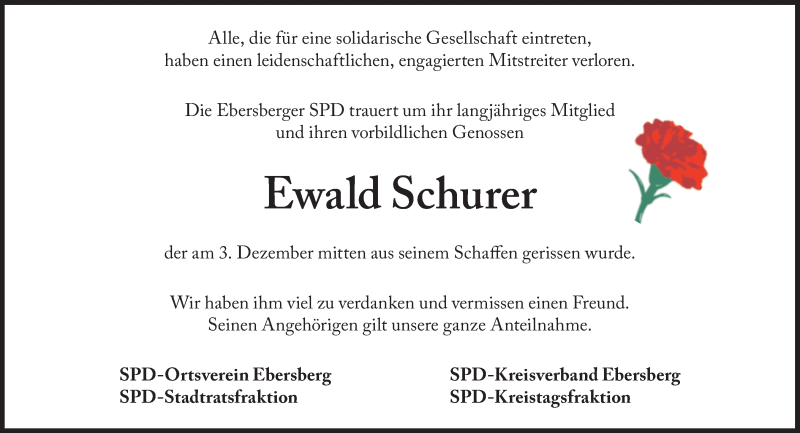  Traueranzeige für Ewald Schurer vom 08.12.2017 aus Süddeutsche Zeitung