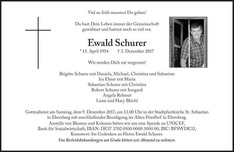  Traueranzeige für Ewald Schurer vom 07.12.2017 aus Süddeutsche Zeitung