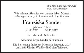 Traueranzeige von Franziska Sander von Süddeutsche Zeitung