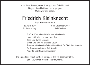 Traueranzeige von Friedrich Kleinknecht von Süddeutsche Zeitung