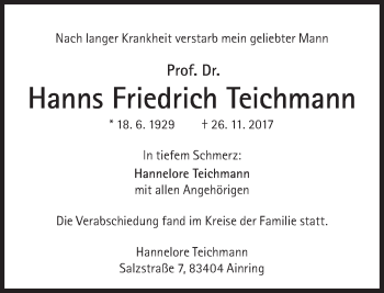 Traueranzeige von Hanns Friedrich Teichmann von Süddeutsche Zeitung