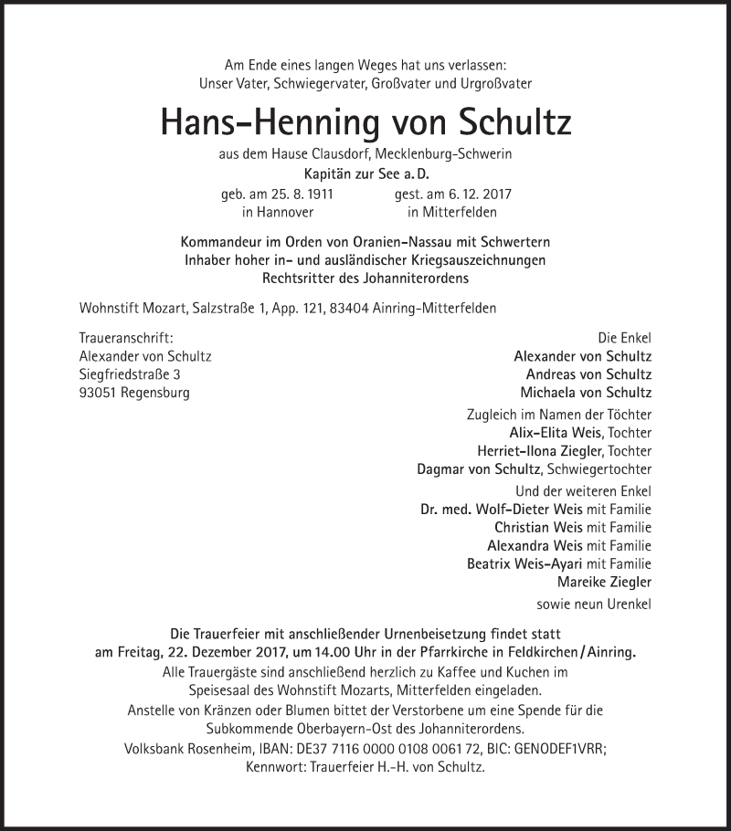  Traueranzeige für Hans-Henning von Schultz vom 16.12.2017 aus Süddeutsche Zeitung