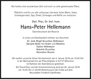 Traueranzeige von Hans-Peter Hellemann von Süddeutsche Zeitung