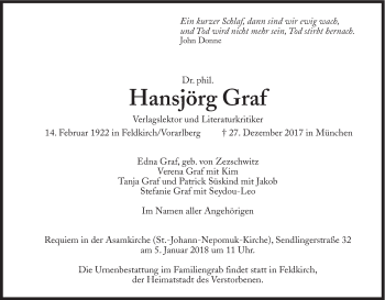 Traueranzeige von Hansjörg Graf von Süddeutsche Zeitung