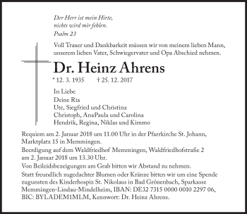 Traueranzeige von Heinz Ahrens von Süddeutsche Zeitung