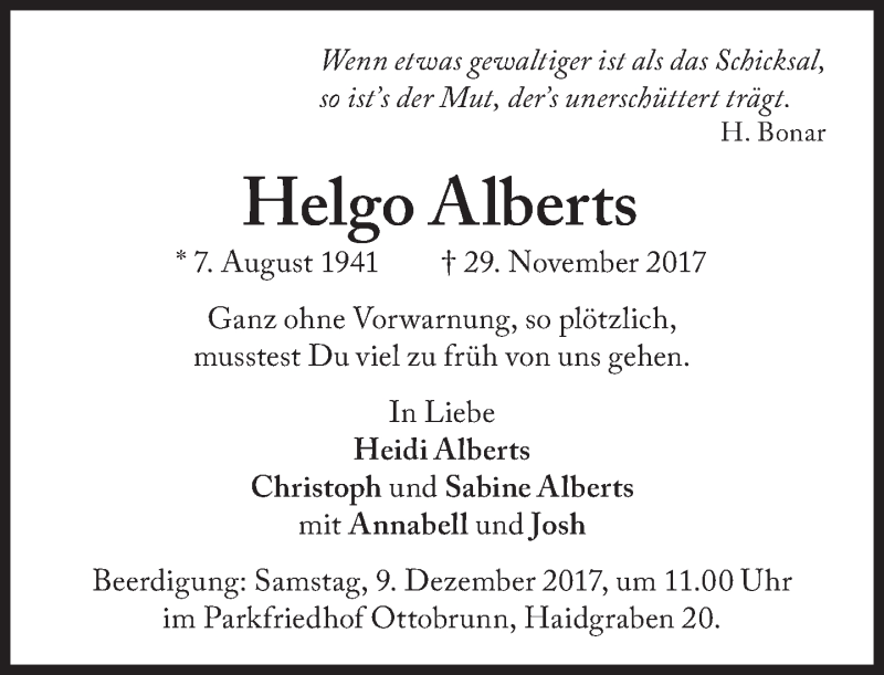  Traueranzeige für Helgo Alberts vom 05.12.2017 aus Süddeutsche Zeitung