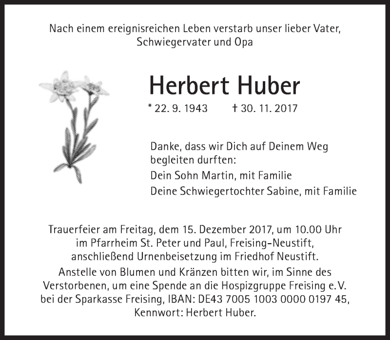  Traueranzeige für Herbert Huber vom 09.12.2017 aus Süddeutsche Zeitung