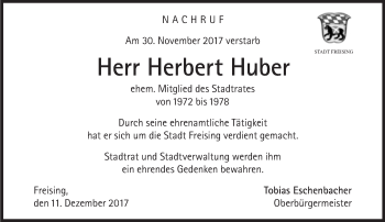 Traueranzeige von Herbert Huber von Süddeutsche Zeitung