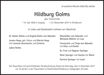 Traueranzeige von Hildburg Golms von Süddeutsche Zeitung
