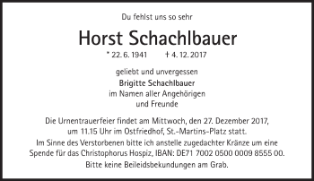 Traueranzeige von Horst Schachtbauer von Süddeutsche Zeitung