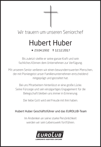 Traueranzeige von Hubert Huber von Süddeutsche Zeitung