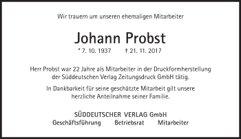 Traueranzeige von Johann Probst von Süddeutsche Zeitung
