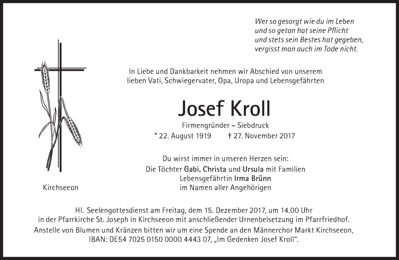  Traueranzeige für Josef Kroll vom 09.12.2017 aus Süddeutsche Zeitung