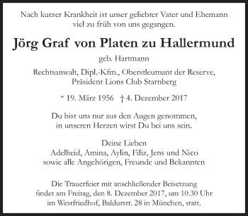 Traueranzeige von Jörg  Graf von Platen zu Hallermund von Süddeutsche Zeitung