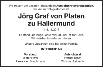 Traueranzeige von Jörg  von Platen zu Hallermund von Süddeutsche Zeitung