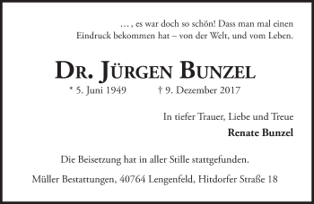Traueranzeige von Jürgen Bunzel von Süddeutsche Zeitung