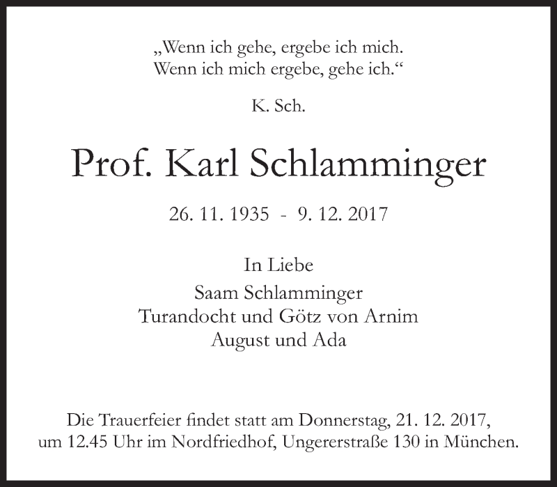  Traueranzeige für Karl Schlamminger vom 13.12.2017 aus Süddeutsche Zeitung