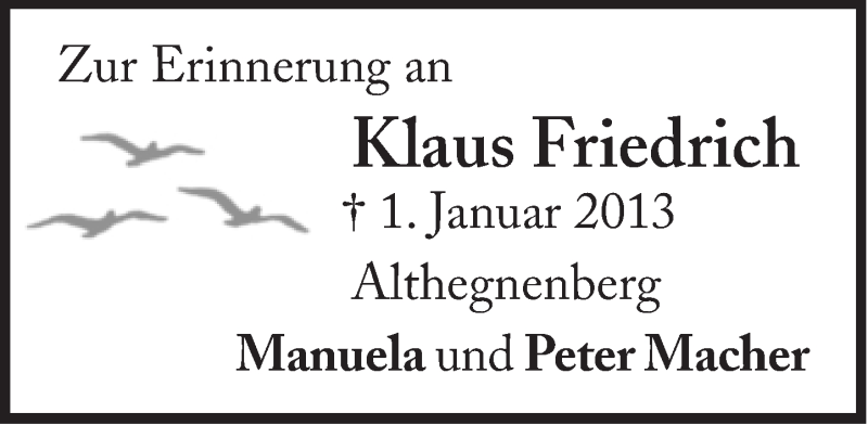  Traueranzeige für Klaus Friedrich vom 30.12.2017 aus Süddeutsche Zeitung