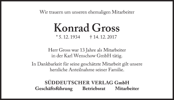Traueranzeige von Konrad Gross von Süddeutsche Zeitung