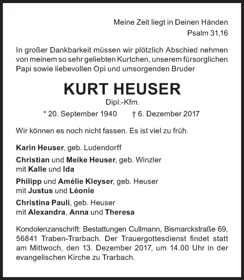  Traueranzeige für Kurt Heuser vom 09.12.2017 aus Süddeutsche Zeitung