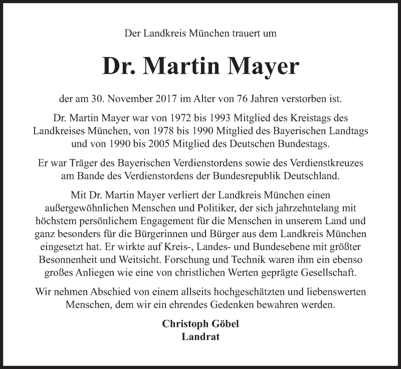  Traueranzeige für Martin Mayer vom 02.12.2017 aus Süddeutsche Zeitung
