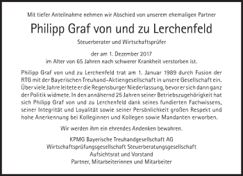 Traueranzeige von Philipp Graf von und zu Lerchenfeld von Süddeutsche Zeitung