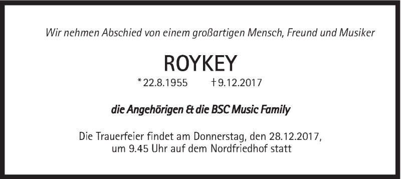  Traueranzeige für Roykey  vom 16.12.2017 aus Süddeutsche Zeitung