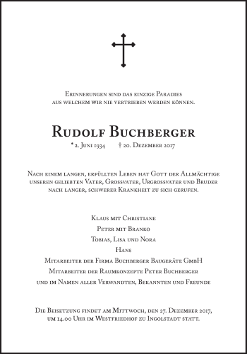 Traueranzeige von Rudolf Buchberger von Süddeutsche Zeitung