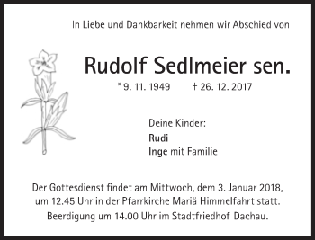 Traueranzeige von Rudolf Sedlmeier von Süddeutsche Zeitung