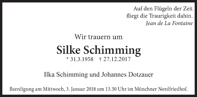  Traueranzeige für Silke Schimming vom 30.12.2017 aus Süddeutsche Zeitung