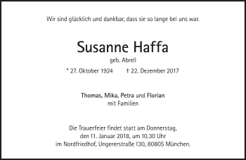 Traueranzeige von Susanne Haffa von Süddeutsche Zeitung