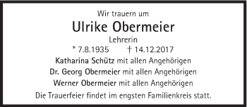 Traueranzeige von Ulrike Obermeier von Süddeutsche Zeitung