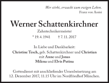 Traueranzeige von Werner Schattenkirchner von Süddeutsche Zeitung