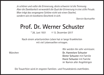 Traueranzeige von Werner Schuster von Süddeutsche Zeitung