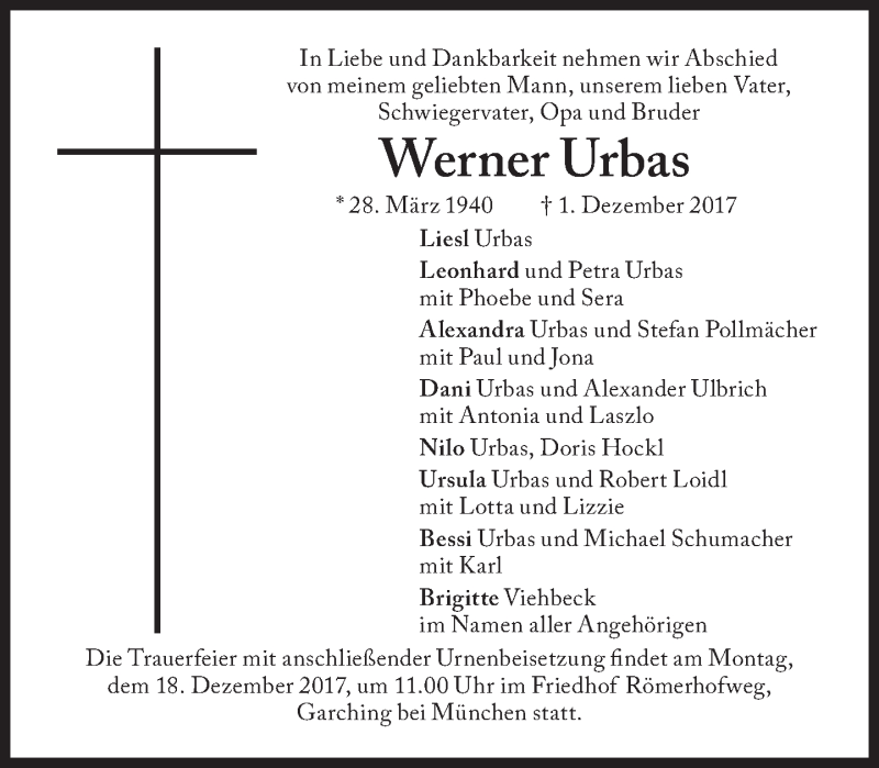  Traueranzeige für Werner Urbas vom 13.12.2017 aus Süddeutsche Zeitung