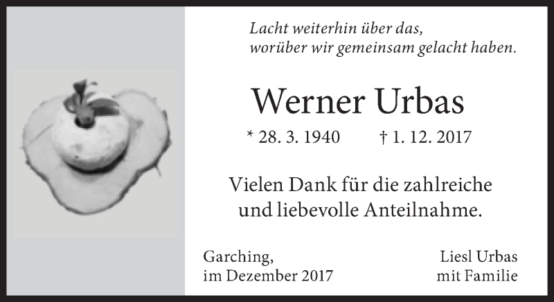  Traueranzeige für Werner Urbas vom 30.12.2017 aus Süddeutsche Zeitung