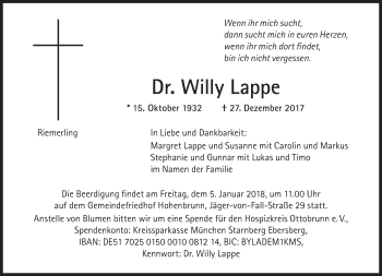 Traueranzeige von Willy Lappe von Süddeutsche Zeitung