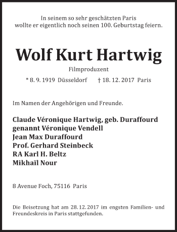 Traueranzeige von Wolf Kurt Hartwig von Süddeutsche Zeitung