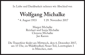 Traueranzeige von Wolfgang Michalke von Süddeutsche Zeitung